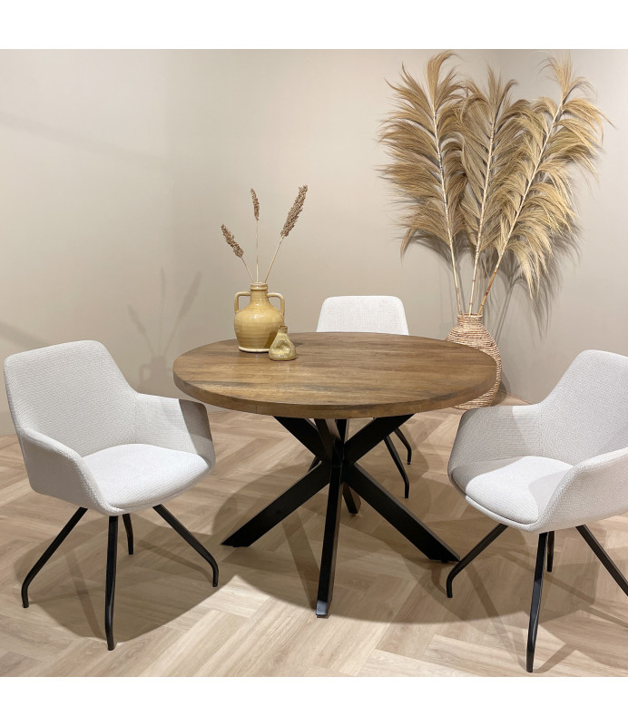 BARIA, Table à manger Ronde 6 personnes D.150 Manguier et métal noir